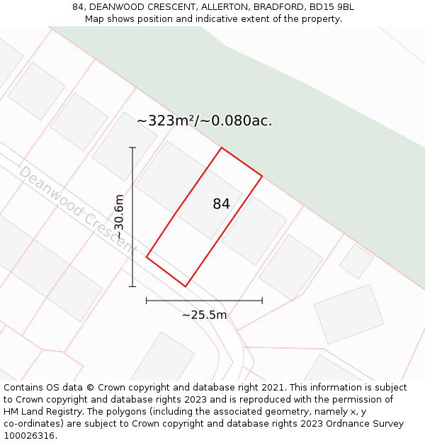 84, DEANWOOD CRESCENT, ALLERTON, BRADFORD, BD15 9BL: Plot and title map