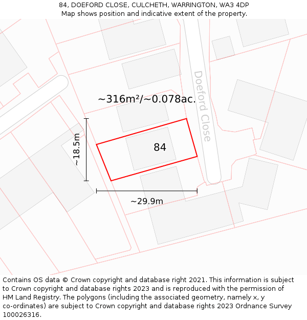 84, DOEFORD CLOSE, CULCHETH, WARRINGTON, WA3 4DP: Plot and title map