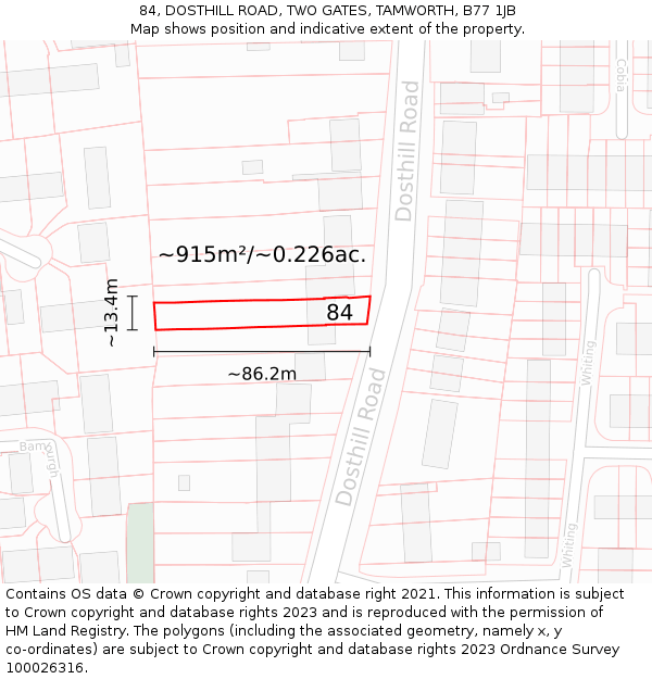 84, DOSTHILL ROAD, TWO GATES, TAMWORTH, B77 1JB: Plot and title map