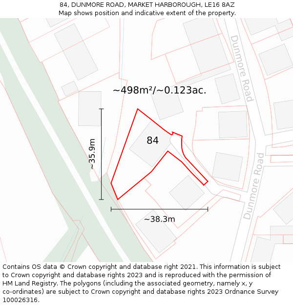 84, DUNMORE ROAD, MARKET HARBOROUGH, LE16 8AZ: Plot and title map