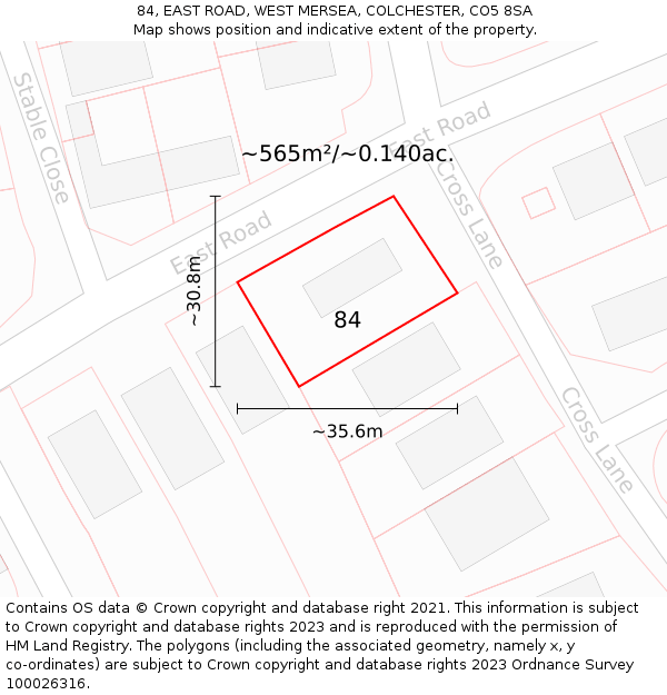 84, EAST ROAD, WEST MERSEA, COLCHESTER, CO5 8SA: Plot and title map