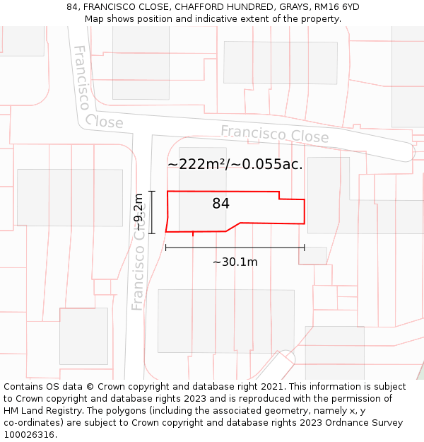 84, FRANCISCO CLOSE, CHAFFORD HUNDRED, GRAYS, RM16 6YD: Plot and title map