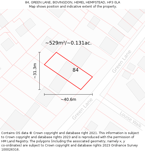 84, GREEN LANE, BOVINGDON, HEMEL HEMPSTEAD, HP3 0LA: Plot and title map