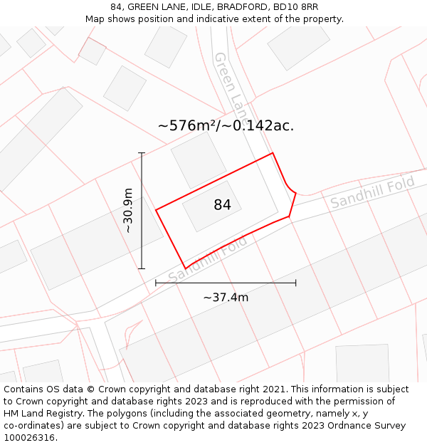 84, GREEN LANE, IDLE, BRADFORD, BD10 8RR: Plot and title map