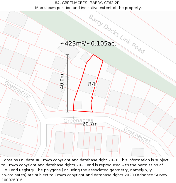 84, GREENACRES, BARRY, CF63 2PL: Plot and title map