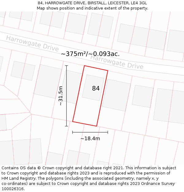 84, HARROWGATE DRIVE, BIRSTALL, LEICESTER, LE4 3GL: Plot and title map