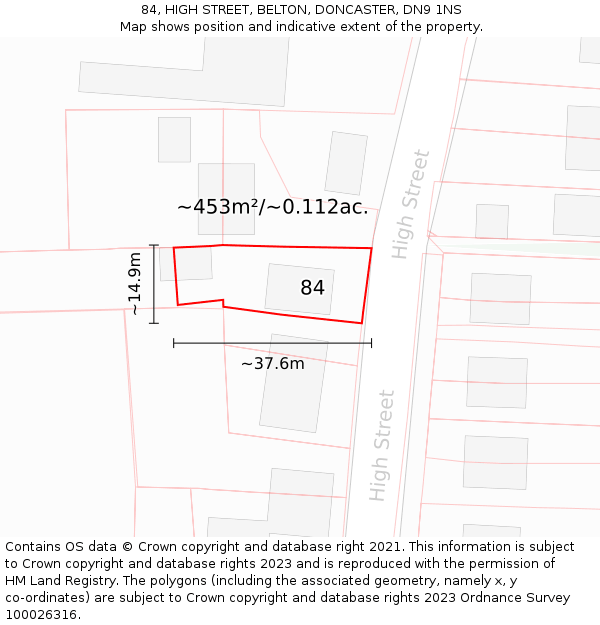 84, HIGH STREET, BELTON, DONCASTER, DN9 1NS: Plot and title map