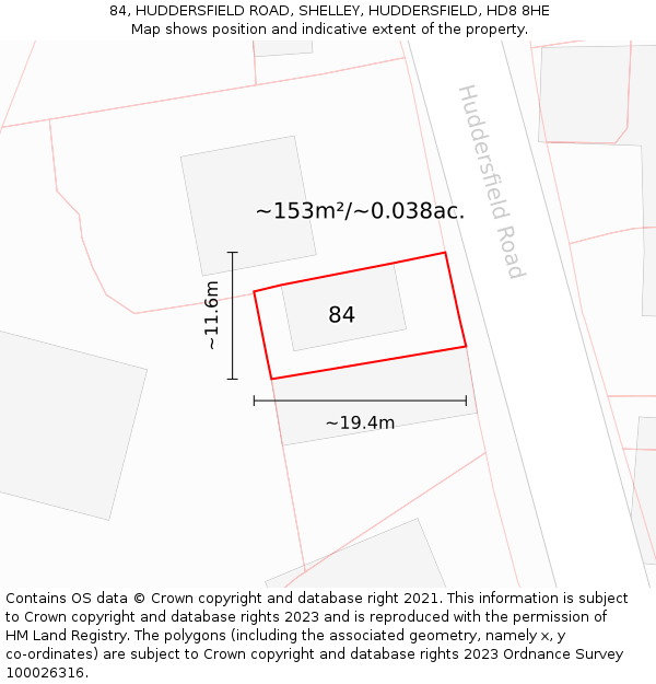 84, HUDDERSFIELD ROAD, SHELLEY, HUDDERSFIELD, HD8 8HE: Plot and title map