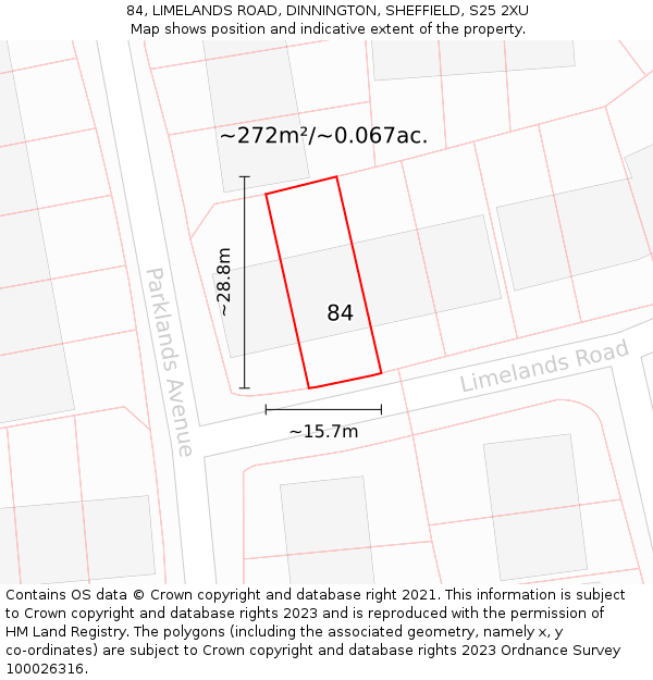 84, LIMELANDS ROAD, DINNINGTON, SHEFFIELD, S25 2XU: Plot and title map