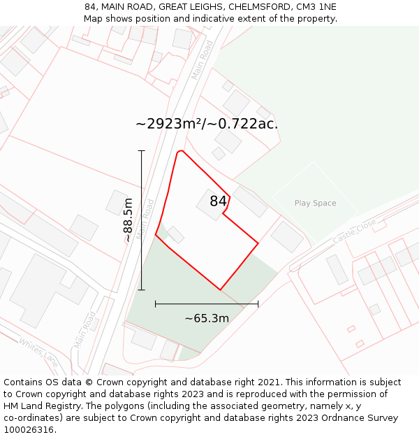 84, MAIN ROAD, GREAT LEIGHS, CHELMSFORD, CM3 1NE: Plot and title map