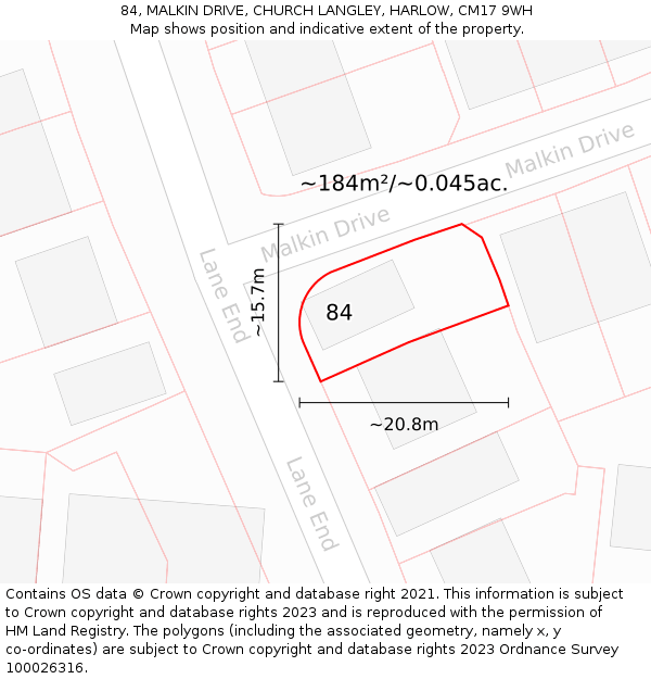 84, MALKIN DRIVE, CHURCH LANGLEY, HARLOW, CM17 9WH: Plot and title map