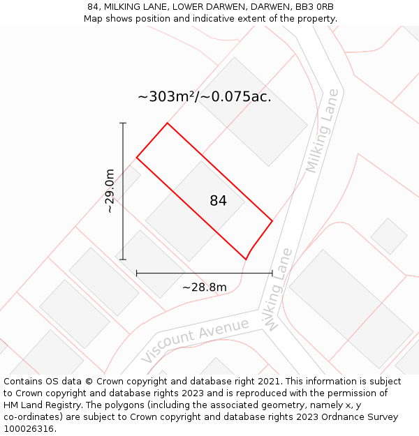 84, MILKING LANE, LOWER DARWEN, DARWEN, BB3 0RB: Plot and title map