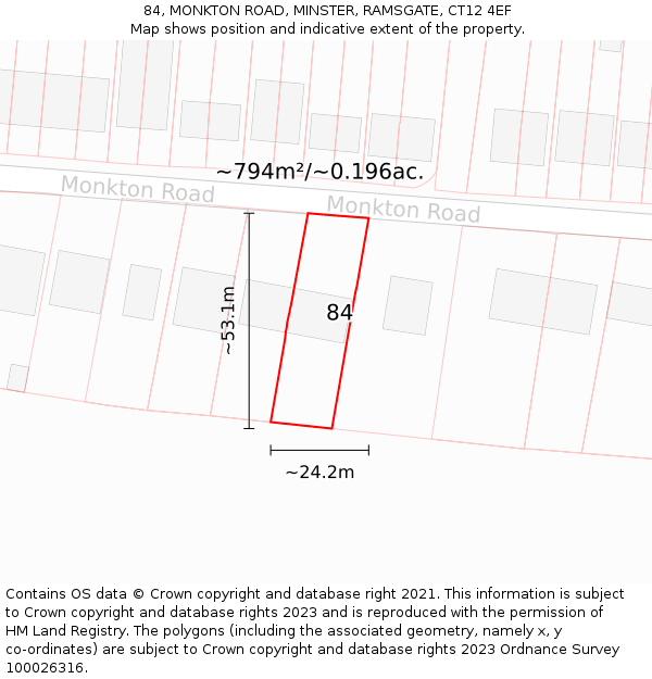 84, MONKTON ROAD, MINSTER, RAMSGATE, CT12 4EF: Plot and title map