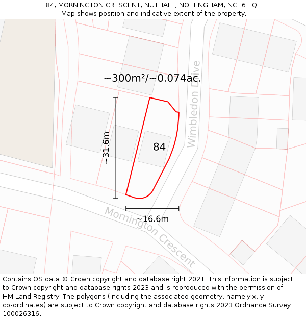 84, MORNINGTON CRESCENT, NUTHALL, NOTTINGHAM, NG16 1QE: Plot and title map