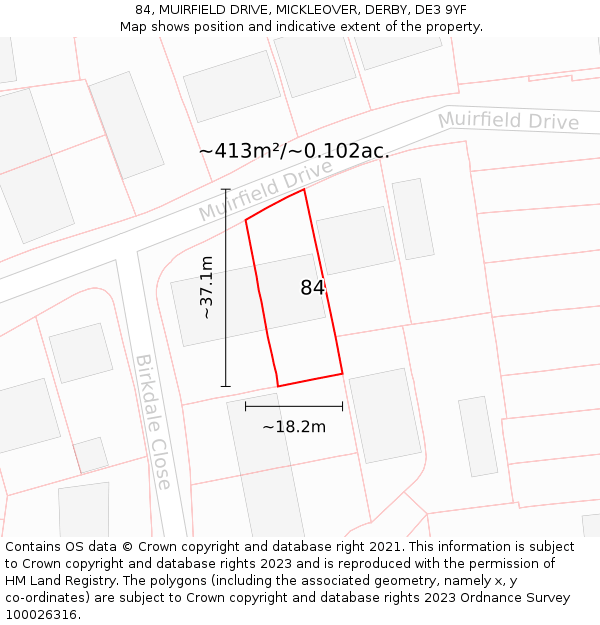 84, MUIRFIELD DRIVE, MICKLEOVER, DERBY, DE3 9YF: Plot and title map