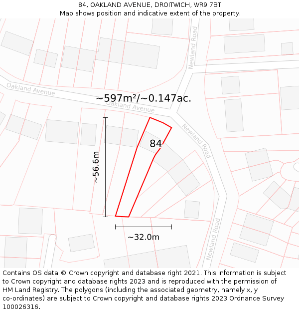 84, OAKLAND AVENUE, DROITWICH, WR9 7BT: Plot and title map