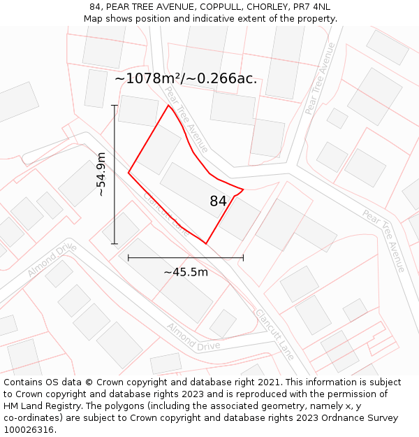 84, PEAR TREE AVENUE, COPPULL, CHORLEY, PR7 4NL: Plot and title map