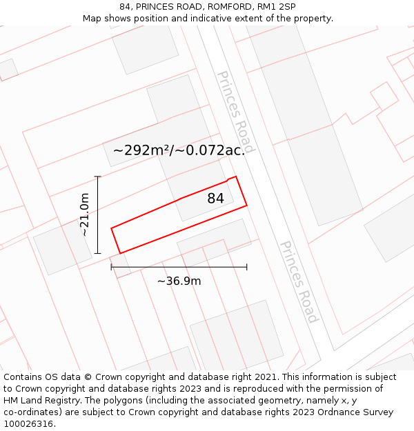 84, PRINCES ROAD, ROMFORD, RM1 2SP: Plot and title map