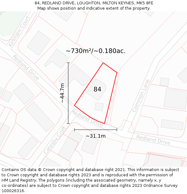 84, REDLAND DRIVE, LOUGHTON, MILTON KEYNES, MK5 8FE: Plot and title map