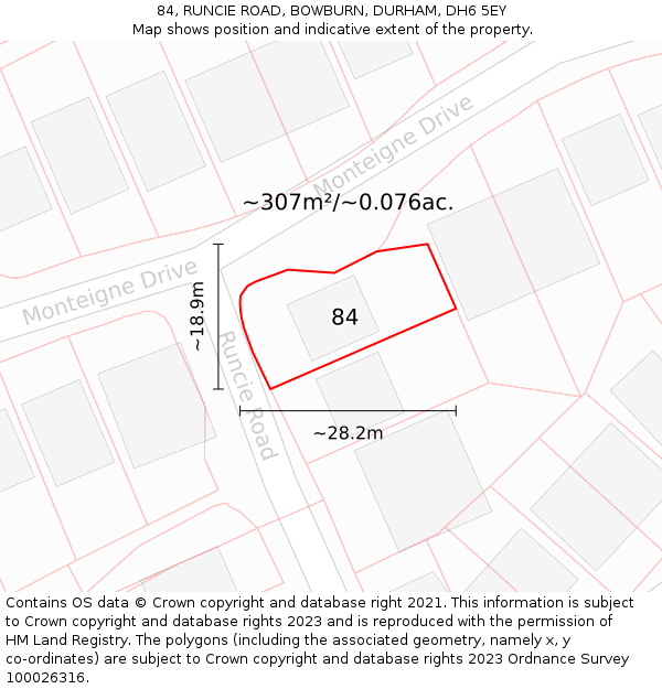 84, RUNCIE ROAD, BOWBURN, DURHAM, DH6 5EY: Plot and title map