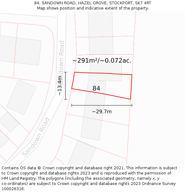 84, SANDOWN ROAD, HAZEL GROVE, STOCKPORT, SK7 4RT: Plot and title map