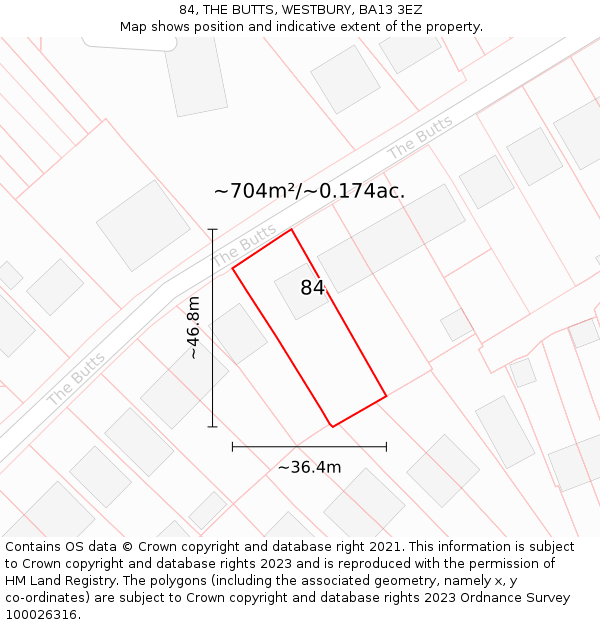 84, THE BUTTS, WESTBURY, BA13 3EZ: Plot and title map