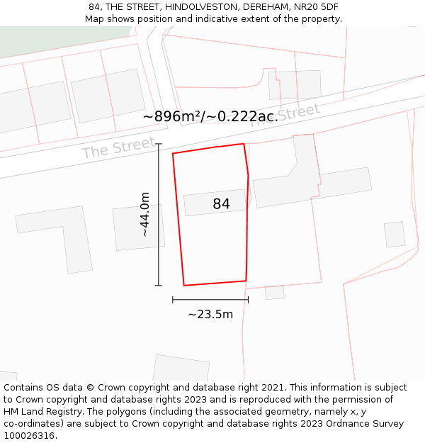 84, THE STREET, HINDOLVESTON, DEREHAM, NR20 5DF: Plot and title map