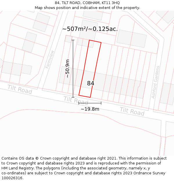 84, TILT ROAD, COBHAM, KT11 3HQ: Plot and title map