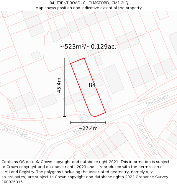 84, TRENT ROAD, CHELMSFORD, CM1 2LQ: Plot and title map