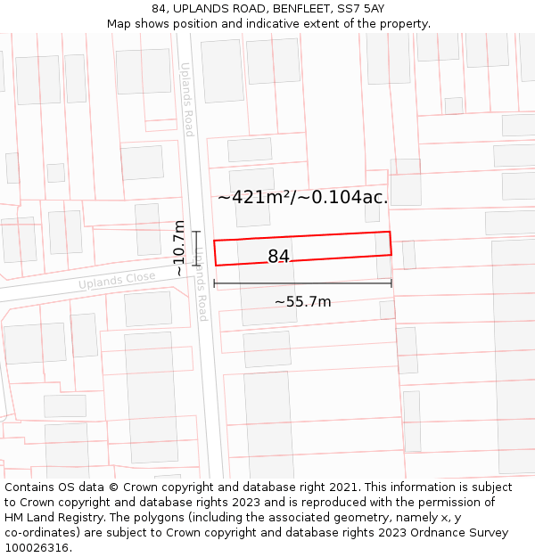 84, UPLANDS ROAD, BENFLEET, SS7 5AY: Plot and title map