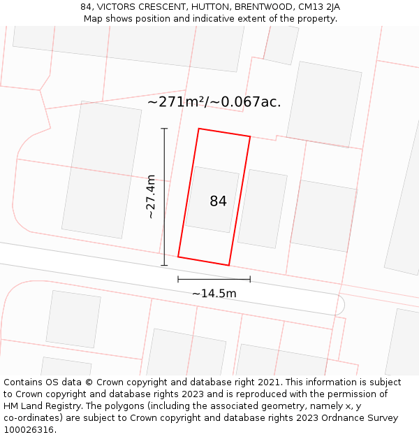 84, VICTORS CRESCENT, HUTTON, BRENTWOOD, CM13 2JA: Plot and title map