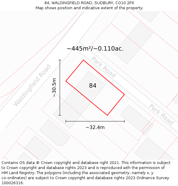 84, WALDINGFIELD ROAD, SUDBURY, CO10 2PX: Plot and title map