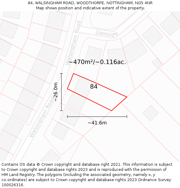 84, WALSINGHAM ROAD, WOODTHORPE, NOTTINGHAM, NG5 4NR: Plot and title map