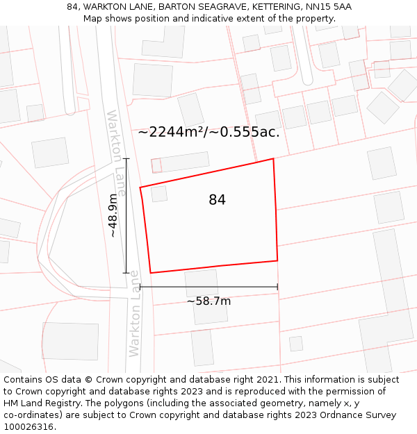 84, WARKTON LANE, BARTON SEAGRAVE, KETTERING, NN15 5AA: Plot and title map