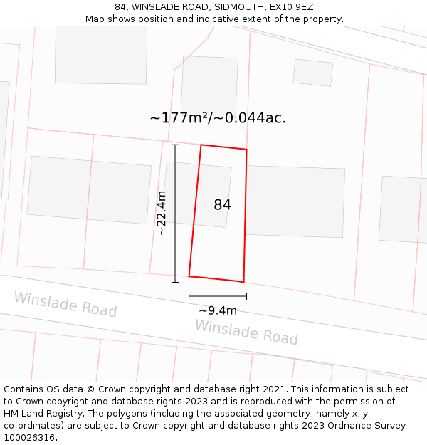 84, WINSLADE ROAD, SIDMOUTH, EX10 9EZ: Plot and title map