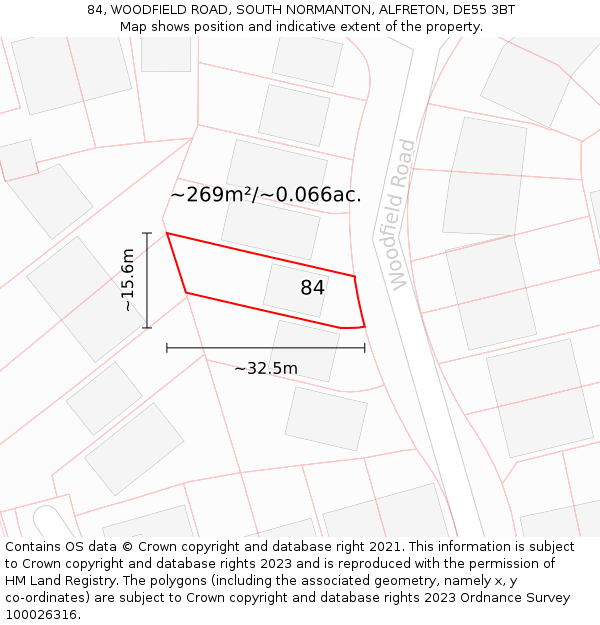 84, WOODFIELD ROAD, SOUTH NORMANTON, ALFRETON, DE55 3BT: Plot and title map