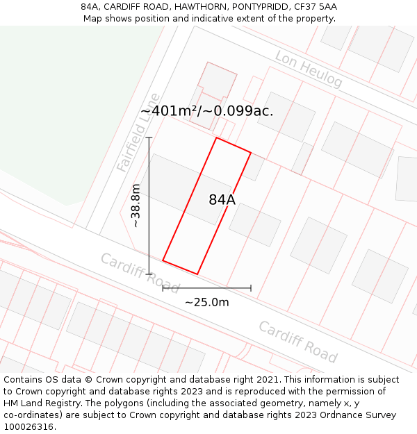 84A, CARDIFF ROAD, HAWTHORN, PONTYPRIDD, CF37 5AA: Plot and title map