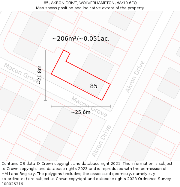 85, AKRON DRIVE, WOLVERHAMPTON, WV10 6EQ: Plot and title map