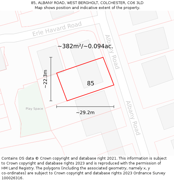 85, ALBANY ROAD, WEST BERGHOLT, COLCHESTER, CO6 3LD: Plot and title map