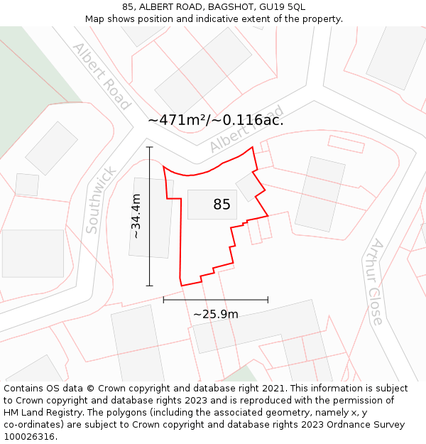 85, ALBERT ROAD, BAGSHOT, GU19 5QL: Plot and title map