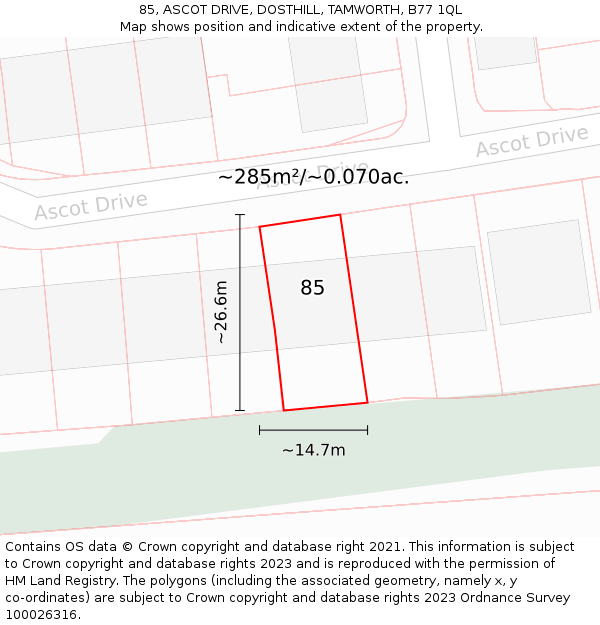 85, ASCOT DRIVE, DOSTHILL, TAMWORTH, B77 1QL: Plot and title map