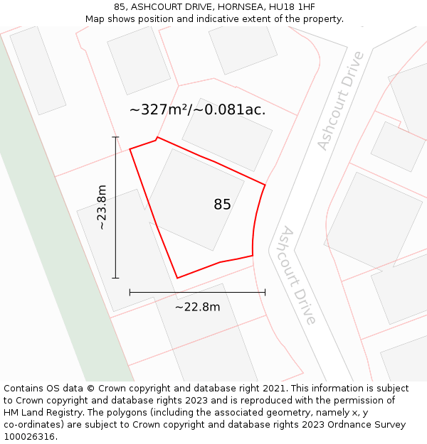 85, ASHCOURT DRIVE, HORNSEA, HU18 1HF: Plot and title map