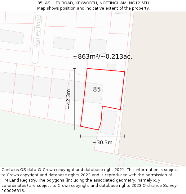 85, ASHLEY ROAD, KEYWORTH, NOTTINGHAM, NG12 5FH: Plot and title map