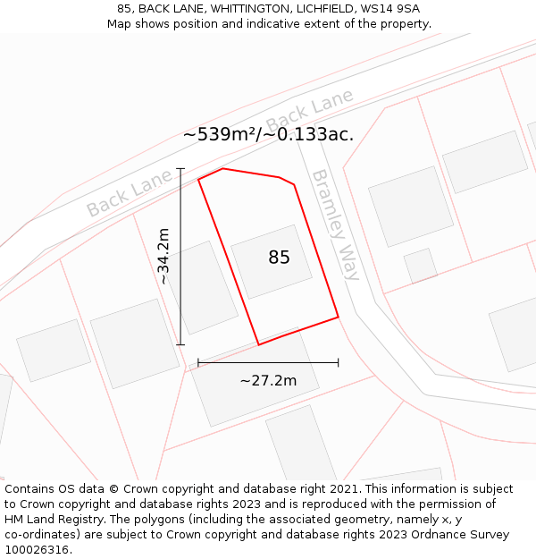 85, BACK LANE, WHITTINGTON, LICHFIELD, WS14 9SA: Plot and title map