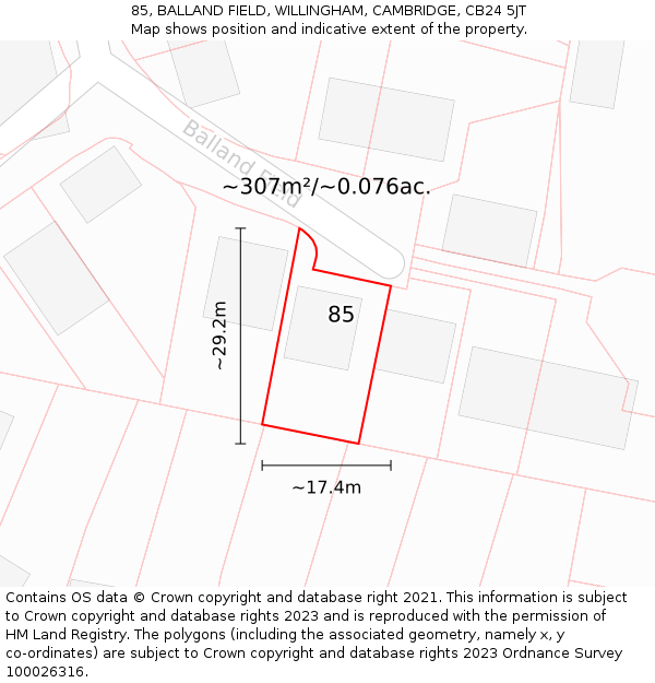 85, BALLAND FIELD, WILLINGHAM, CAMBRIDGE, CB24 5JT: Plot and title map