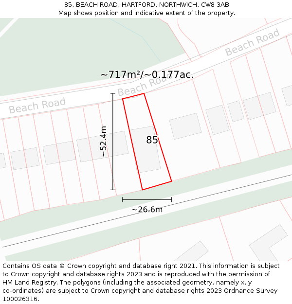 85, BEACH ROAD, HARTFORD, NORTHWICH, CW8 3AB: Plot and title map