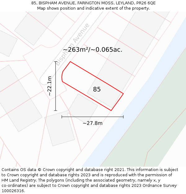 85, BISPHAM AVENUE, FARINGTON MOSS, LEYLAND, PR26 6QE: Plot and title map