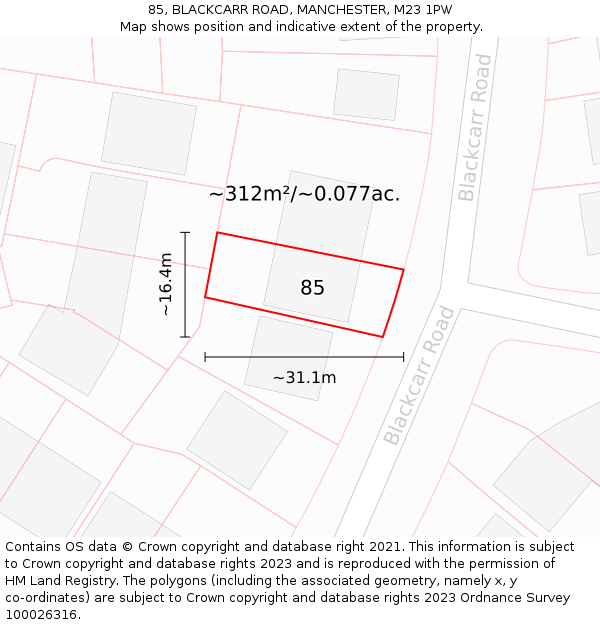 85, BLACKCARR ROAD, MANCHESTER, M23 1PW: Plot and title map