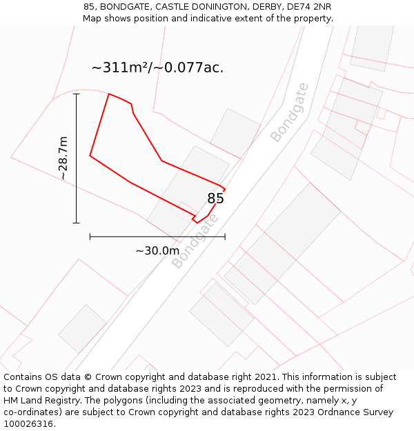 85, BONDGATE, CASTLE DONINGTON, DERBY, DE74 2NR: Plot and title map