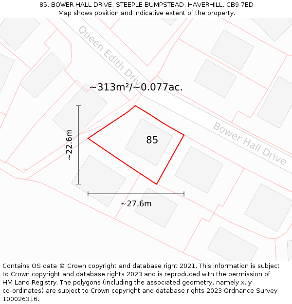 85, BOWER HALL DRIVE, STEEPLE BUMPSTEAD, HAVERHILL, CB9 7ED: Plot and title map